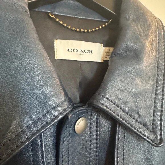 Coach Men's Dark Blue Leather Moto Jacket - Picture 2 of 8